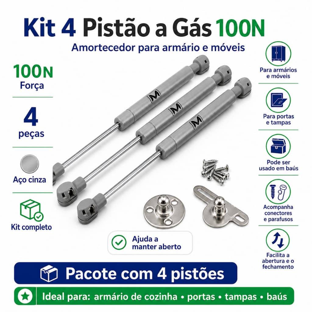 Kit 4 Pistão A Gás 100n Amortecedor Armário Cozinha Moveis Porta de Elevação Abre para Cima