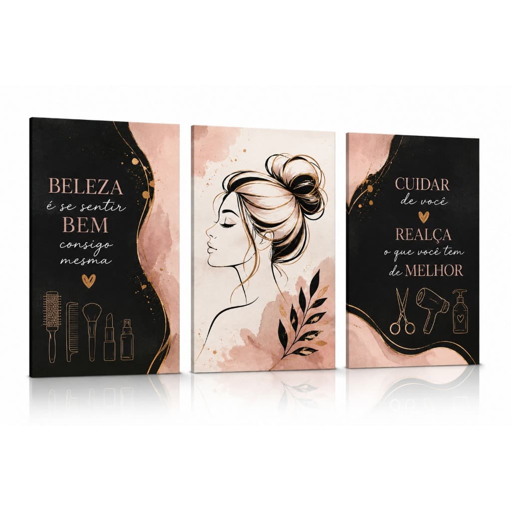 Kit 3 Quadros Decorativos Estética Beleza Feminina Frases Salão de Beleza