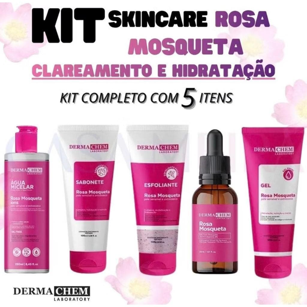 🌸 Kit Rosa Mosqueta Completo DermaChem – Banho Premium - Sabonete • Esfoliante • Gel • Água Micelar • Sérum