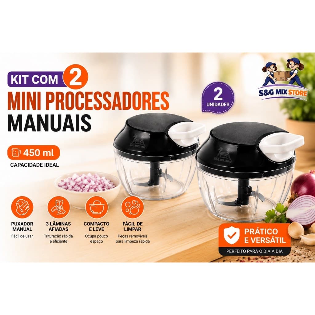 kit 2 Mini Processadores Manual 450ml 3lâminas Triturador Alimentos Pica Cebola Alho Tempero Energia