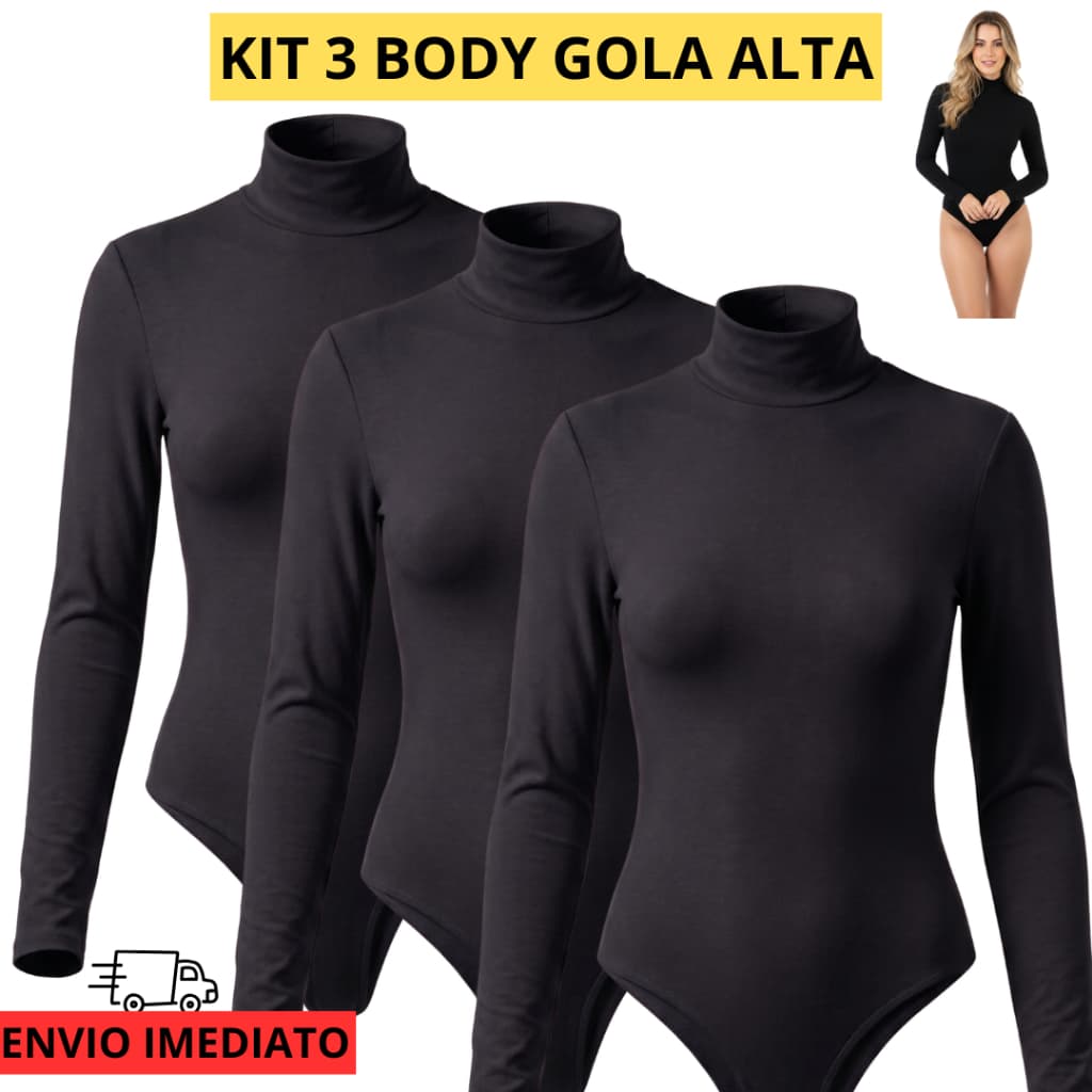 Kit 3 Body Feminino Gola Alta Cacharrel Maga Longa Suplex Liso Collant Segunda Pele Termico Colan