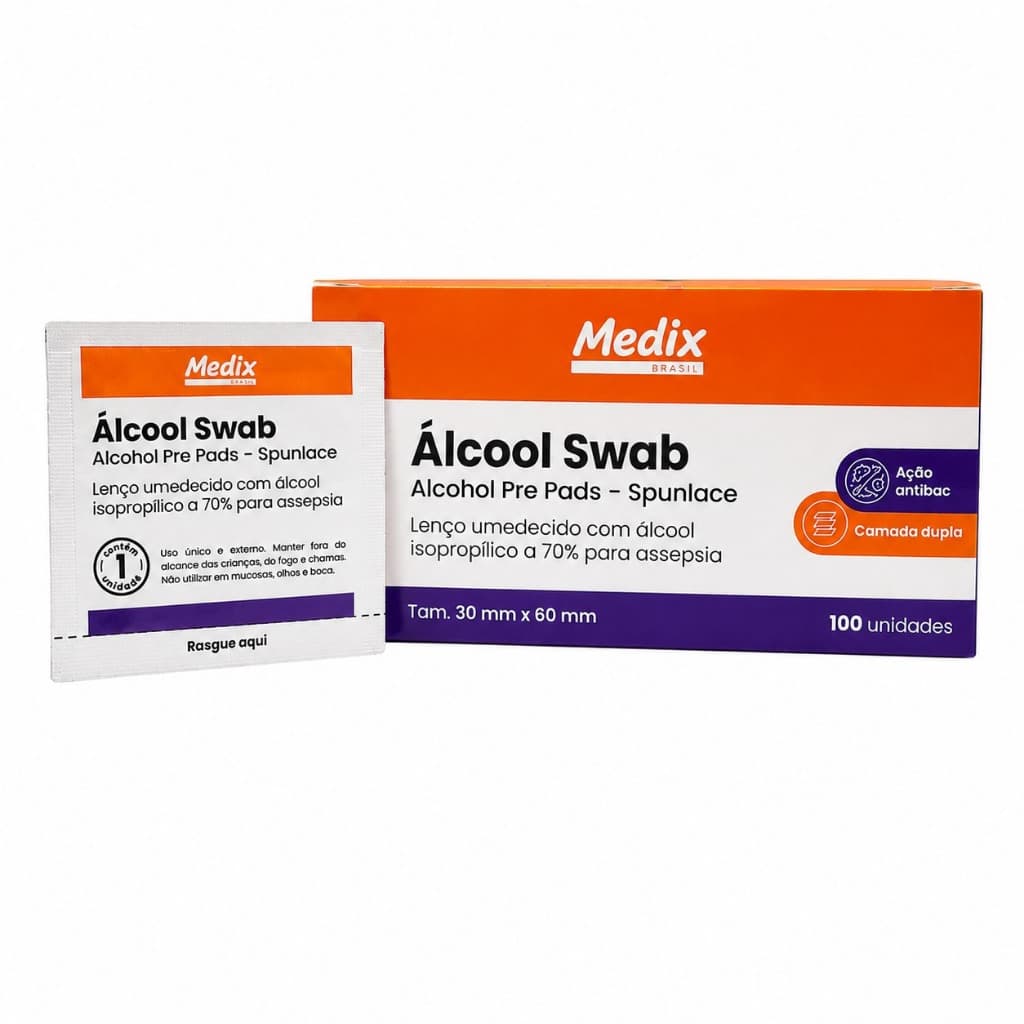 Álcool Swab Medix 70% Isopropílico 100 Unidades Lenço Antisséptico Estéril Assepsia Pele