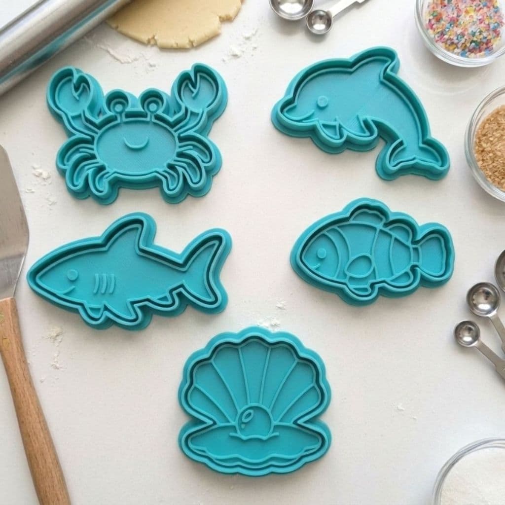 Kit 5 Cortadores de Biscoito Fundo do Mar Confeitaria Peixe Tubarão Caranguejo Molde Com Carimbo