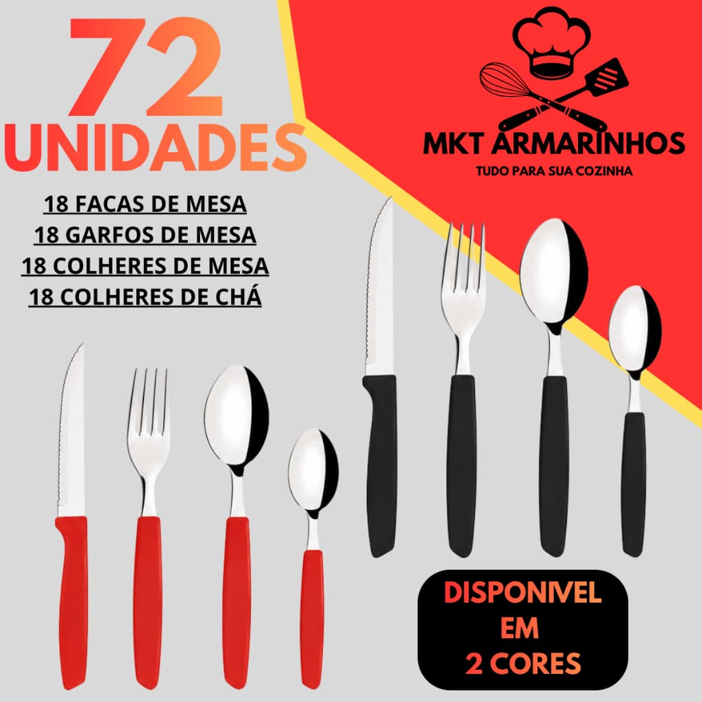 Kit Talheres 72 Peças Inox Jogo de Talheres Completo Faqueiro 18 Pessoas Facas Garfos Colheres Cabo Plástico Mesa Jantar
