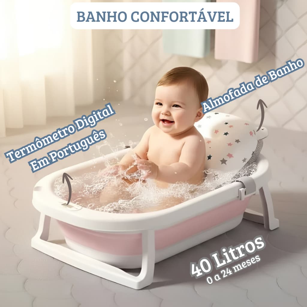 Banheira Dobrável Infantil Bebê Com Almofada E Termômetro Digital Portátil Rosa Azul