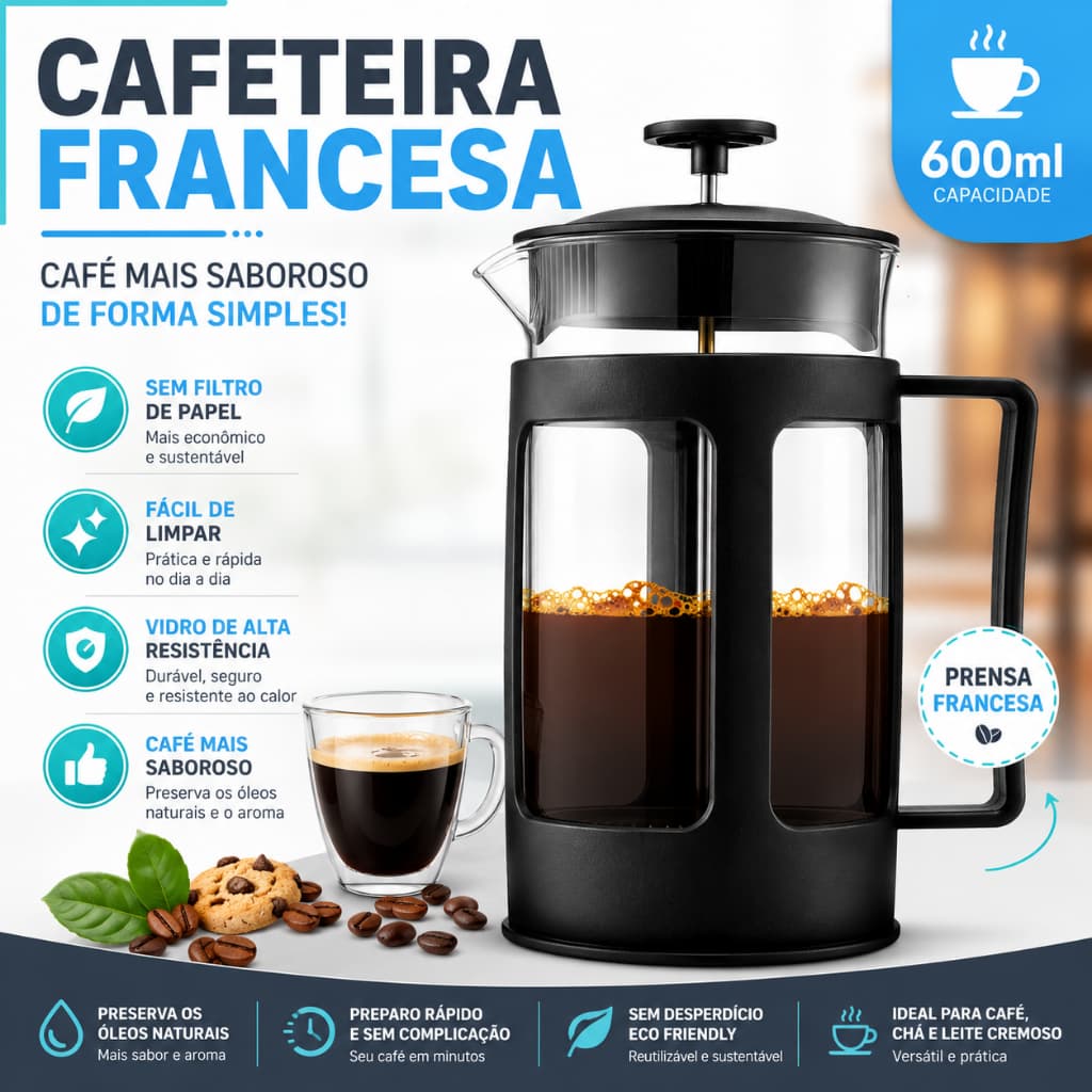 Cafeteira Prensa Francesa 600ml Premium Filtro Inox Reutilizável Café Chá Espumador de Leite - Aero