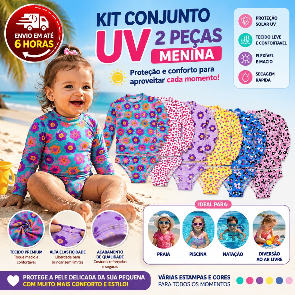 Conjunto Bebê Menina Proteção UV 50+ Blusa Calcinha Praia Piscina Natação