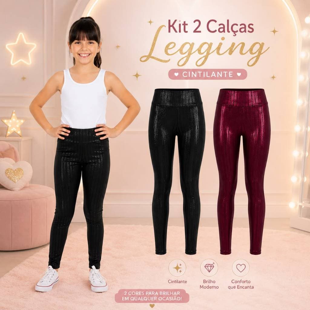 Kit com 2 Calças Legging Suplex Zig Zag Cintilante Moda Infantil