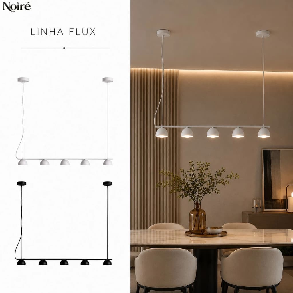 Pendente Linear LED Linha FLUX 35W – Moderno | Branco e Preto | 1500mm | Cabo Ajustável 2m | Acrílico/Metal | 3200K