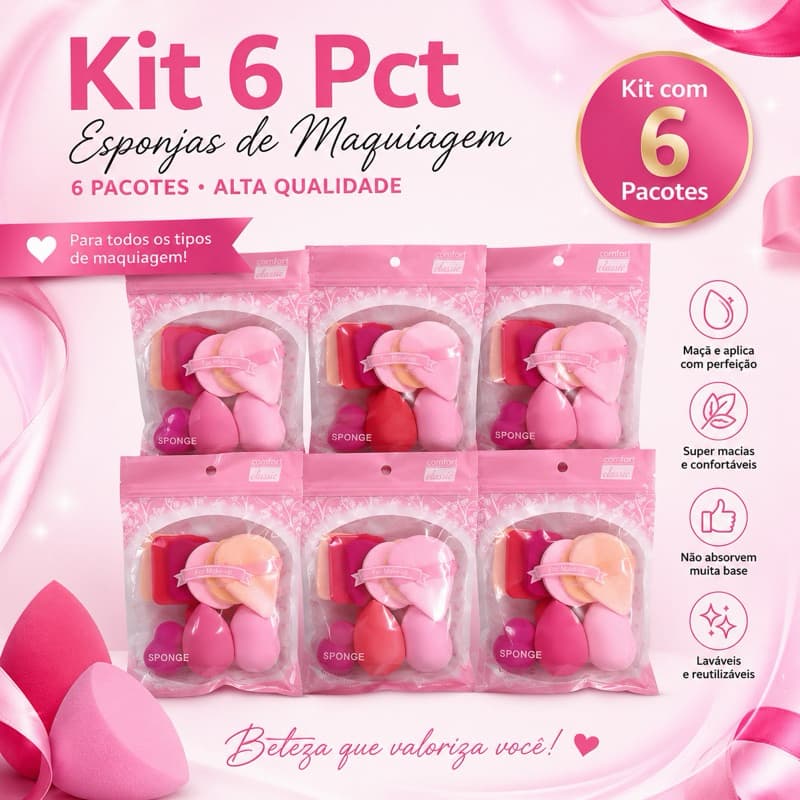 ✨ Kit 6 Pacotes Esponjas de Maquiagem Sortidas Beauty Blender Macias Laváveis Ideal para Revenda Mini Atacado