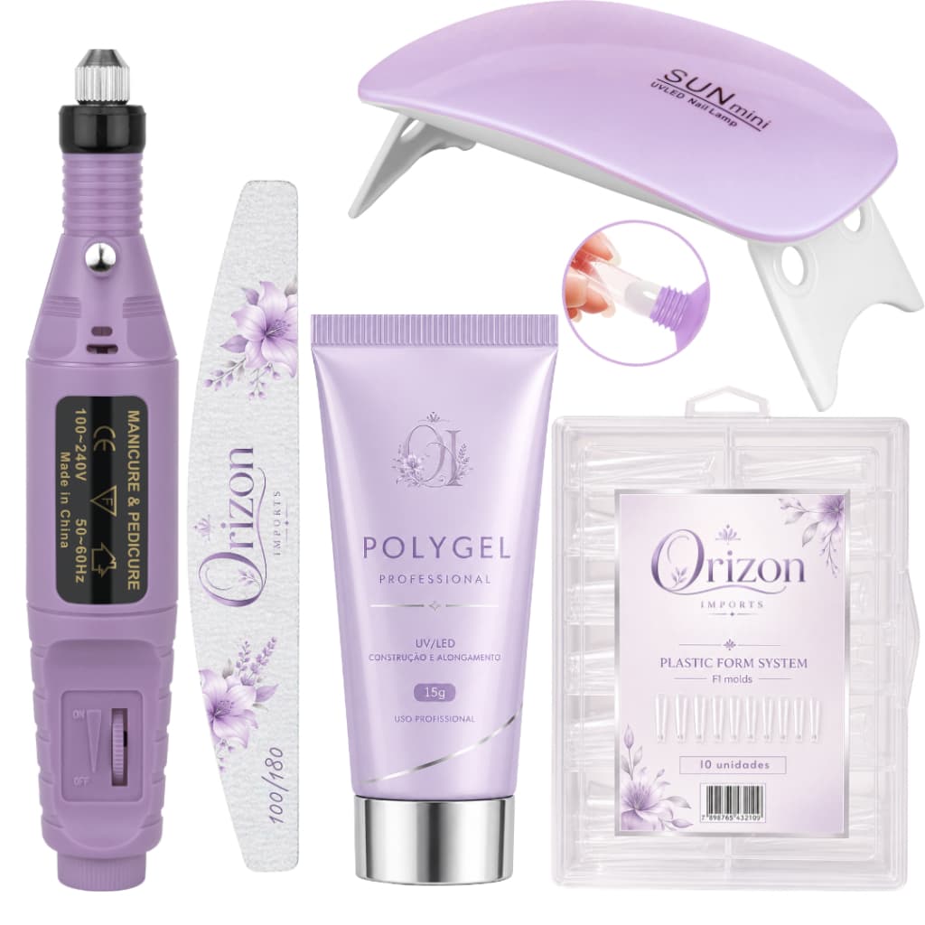 KIT UNHA POLYGEL + LIXADEIRA CANETA + CABINE SUN + POLYGEL + MOLDE F1 + LIXA 100/180