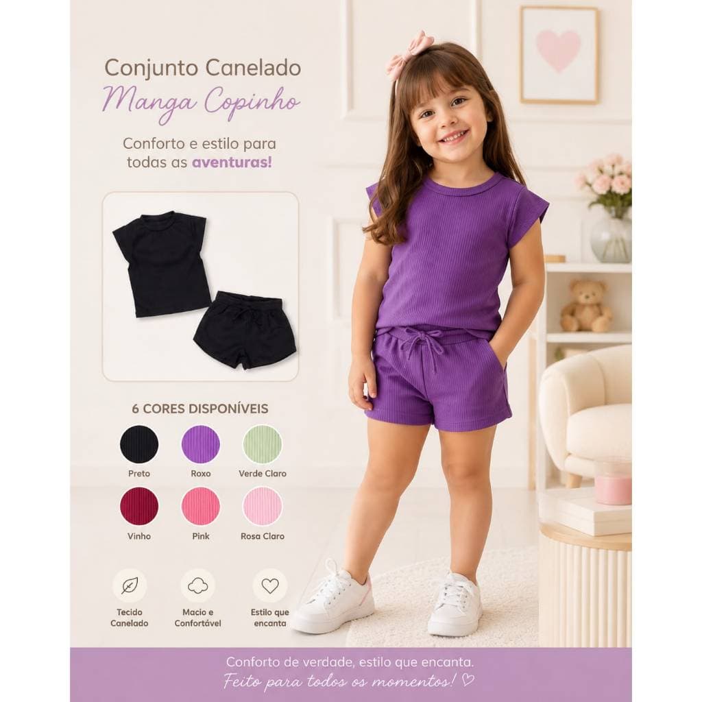 Conjunto Infantil Shorts E Blusa Com Manga Copinho Canelado