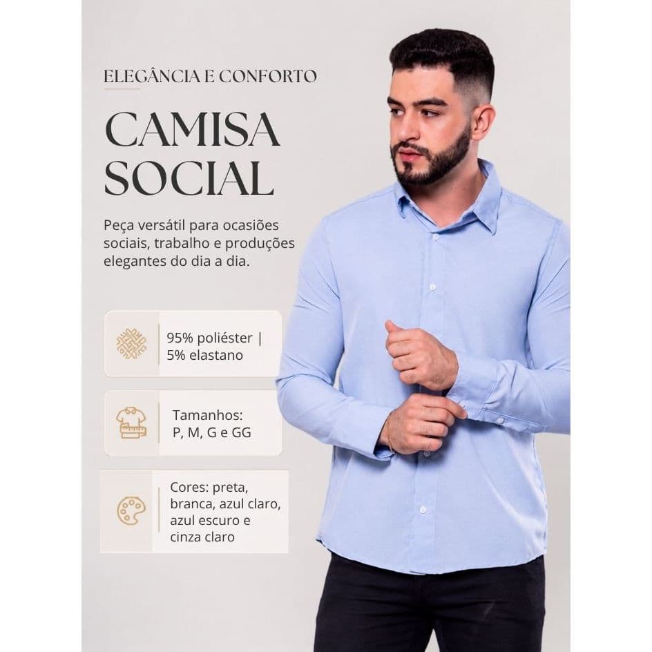 Camisa Social Masculina Slim  Manga Longa Lisa Elegante Premium Casual Trabalho Escritório Casamento