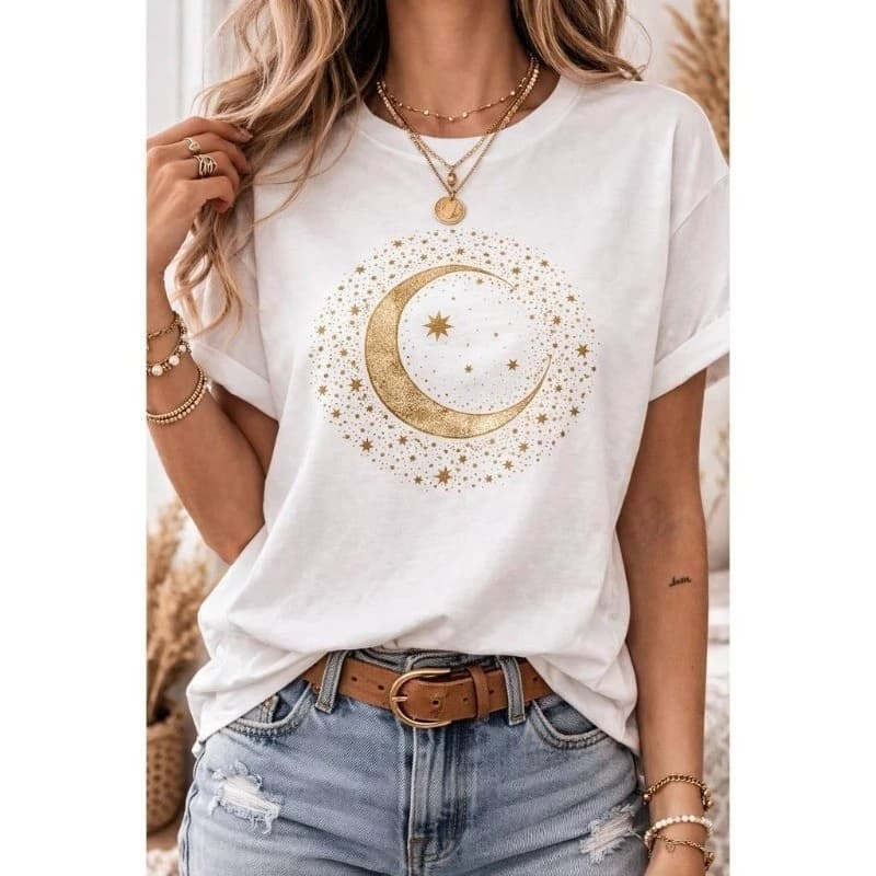T-shirt Feminina Estilosa Camisa Círculo de Lua e Estrelas Blusa Feminina Roupa Feminina Elegante