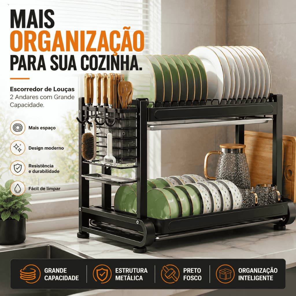 Escorredor de Louças 2 Andares Multifuncional Preto Fosco Porta Talheres Porta Facas Organizador de Bancada KitchenFlow™