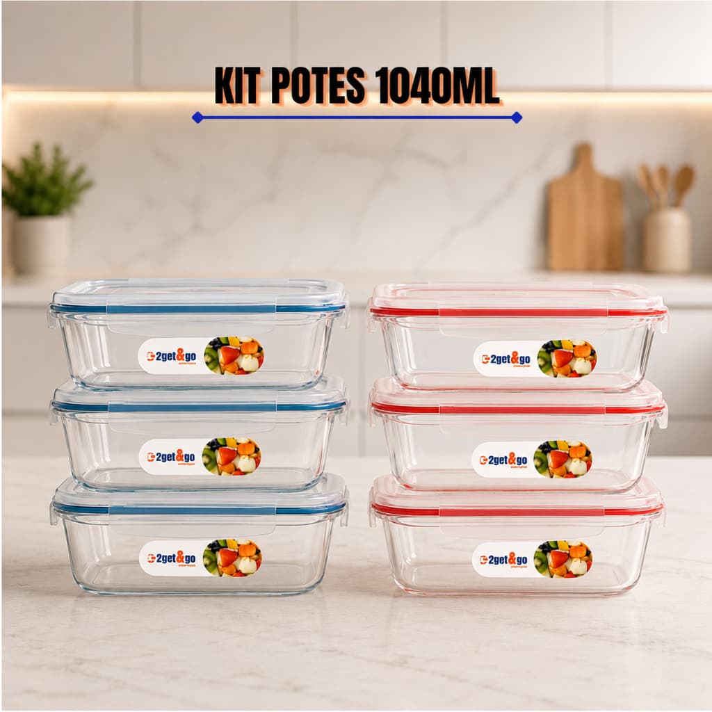 Conjuntos Potes De Vidro Hermético 1040ml Marmita fit Premium Retangular 4 Travas