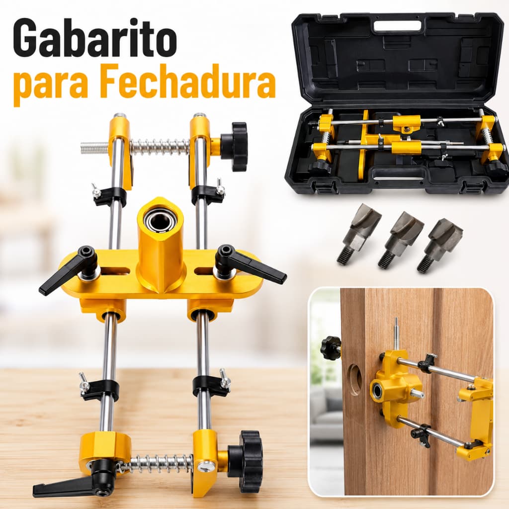 Kit Gabarito Ajustável para Furação de Fechaduras em Portas de Madeira - 3 Fresas Incluídas Profissional