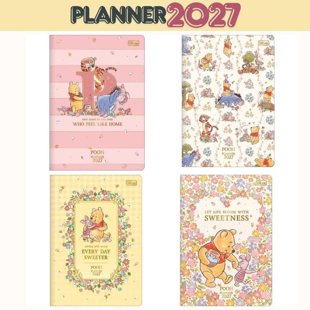 Planner Pooh 2027 Tilibra Original Grampeado Capa Flexível Planner Mensal 20 Folhas 18x26cm Disney
