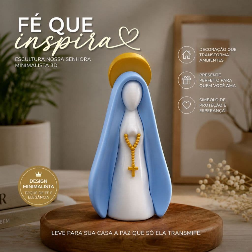 Escultura Nossa Senhora Minimalista 3D Decorativa Resina Fé