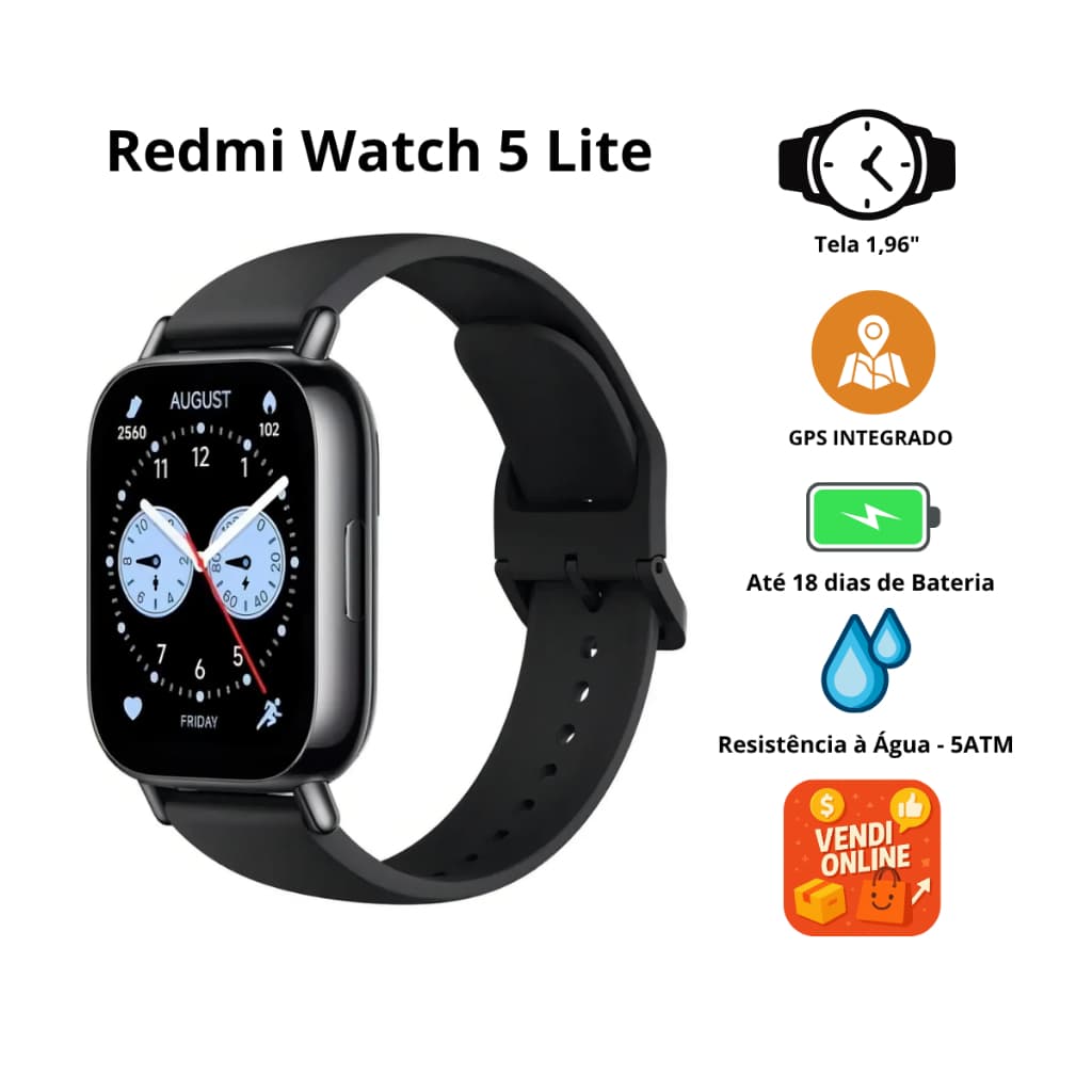 Smartwatch Xiaomi Redmi Watch 5 Lite AMOLED GPS Bluetooth 5ATM 150+ Esportes Até 18 Dias de Bateria