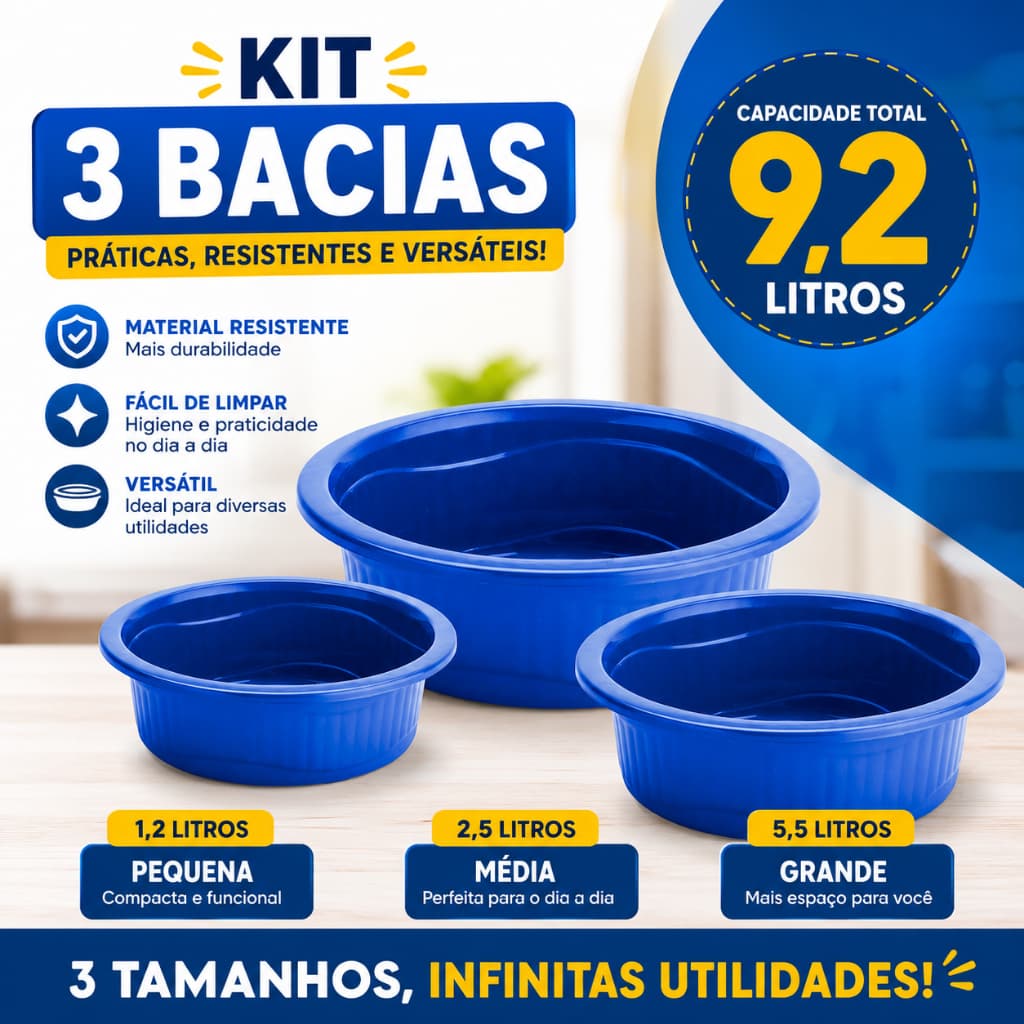 Kit 3 Bacias 1,2L 2,5L 5,5L – Plástico Reforçado Alta Qualidade Multiuso