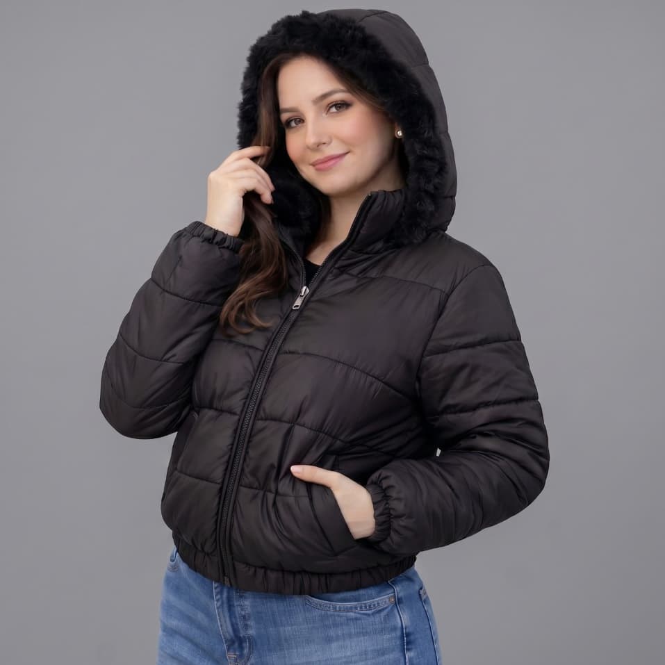 Jaqueta Puffer Dupla Face Feminina Peluciada com Capuz Removível e Forro de Pelinho em Nylon
