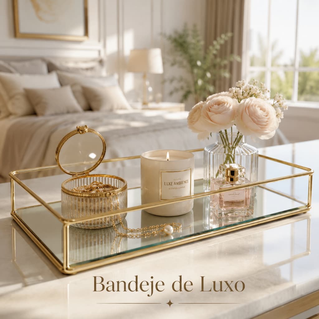Bandeja de Luxo 23 cm Decorativa De Metal Espelhada Dourada Retangular