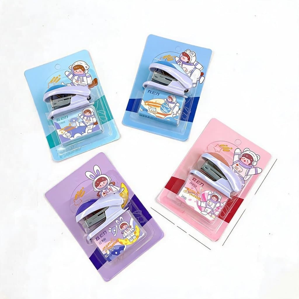 Kit 3/6/12 Grampeador Mini Com Grampos Estampa De Astronauta Tema Espacial - Presente, Revenda, Sortimento