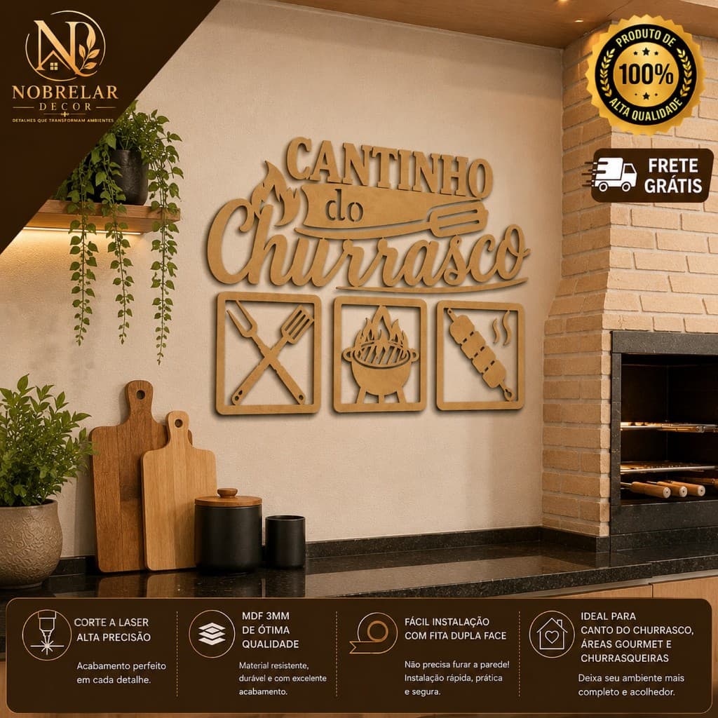 Cantinho do Churrasco Kit 4 Peças 3 Quadros MDF 3mm 30cm Placa Decorativa Área Gourmet Churrasqueira