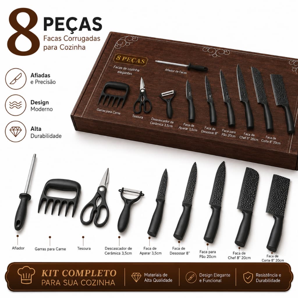 Jogo de Facas 8 Peças Premium Aço Inox Kit Cozinha Completo Cutelo Faca Chef Tesoura Descascador Churrasco