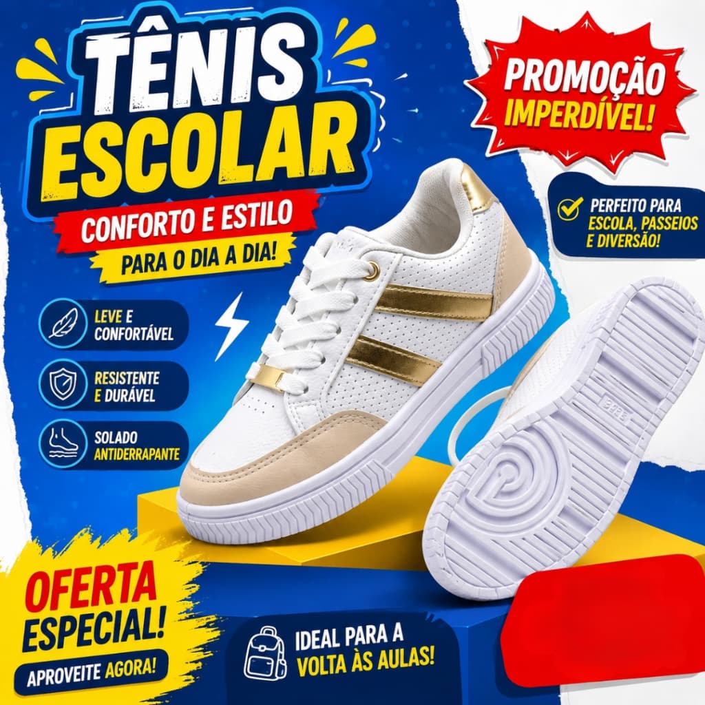 Tênis infantil branco estiloso confortável leve com detalhe dourado design premium