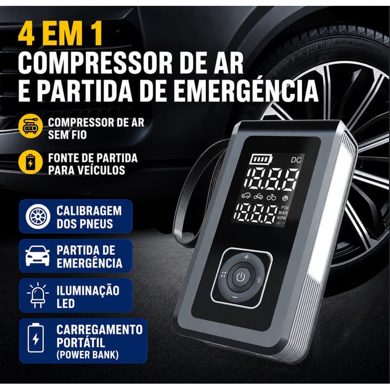Bomba de Ar Portátil com Inflação Multifuncional e Luz LED para Emergências