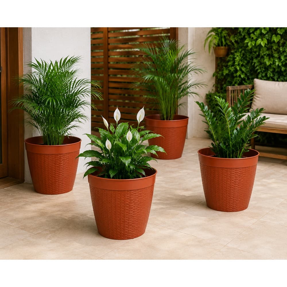 Kit 4 Vasos Rattan 44L Cinza Grande Plástico Decorativo Jardim Varanda 41cm