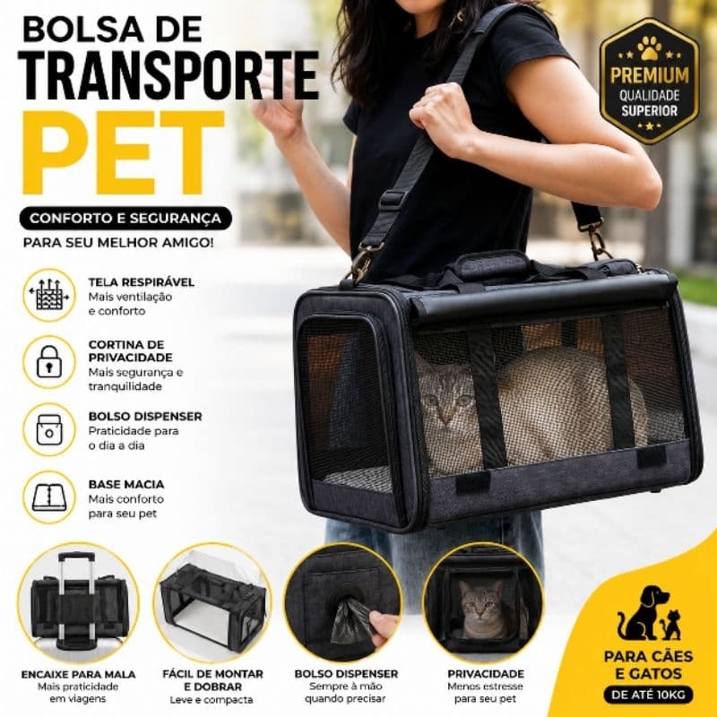 Bolsa Transporte Pet Premium para Cachorro e Gato com Bolso Dispenser Cortina de Privacidade Tela Respirável para Viagem