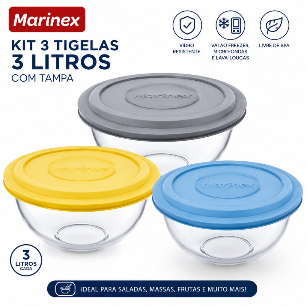 Kit 3 Tigelas Marinex 3L com Tampa de Plástico Saladeira de Vidro Multiuso Freezer e Micro-ondas