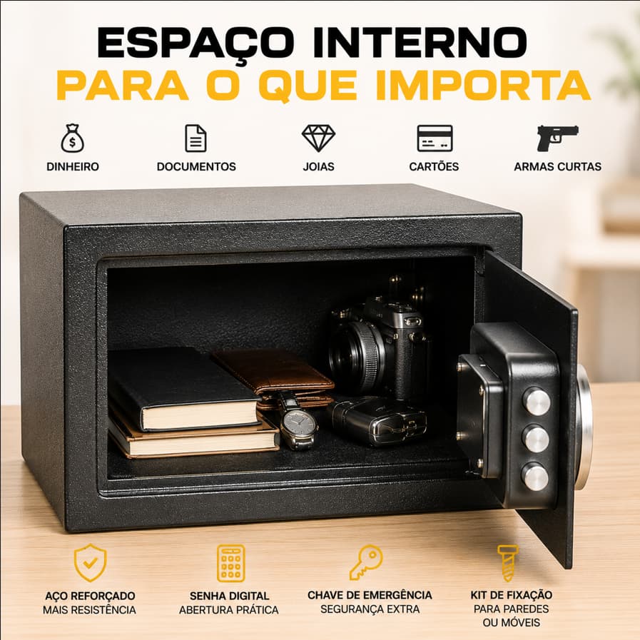 Cofre Digital Eletronico Codigo Seguro Fechadura Chave Portatil Preto