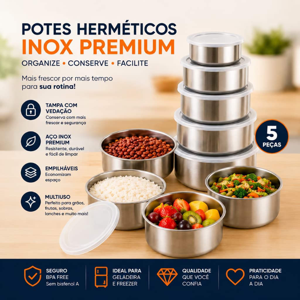 Kit 5 Potes Herméticos Redondos com Tampa em Aço Inox para Alimentos
