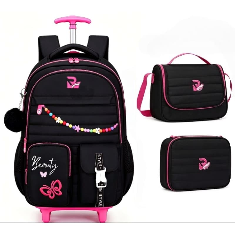 Kit Mochila De Rodinha Escolar Menina Infantil + Lancheira E Estojo Completo