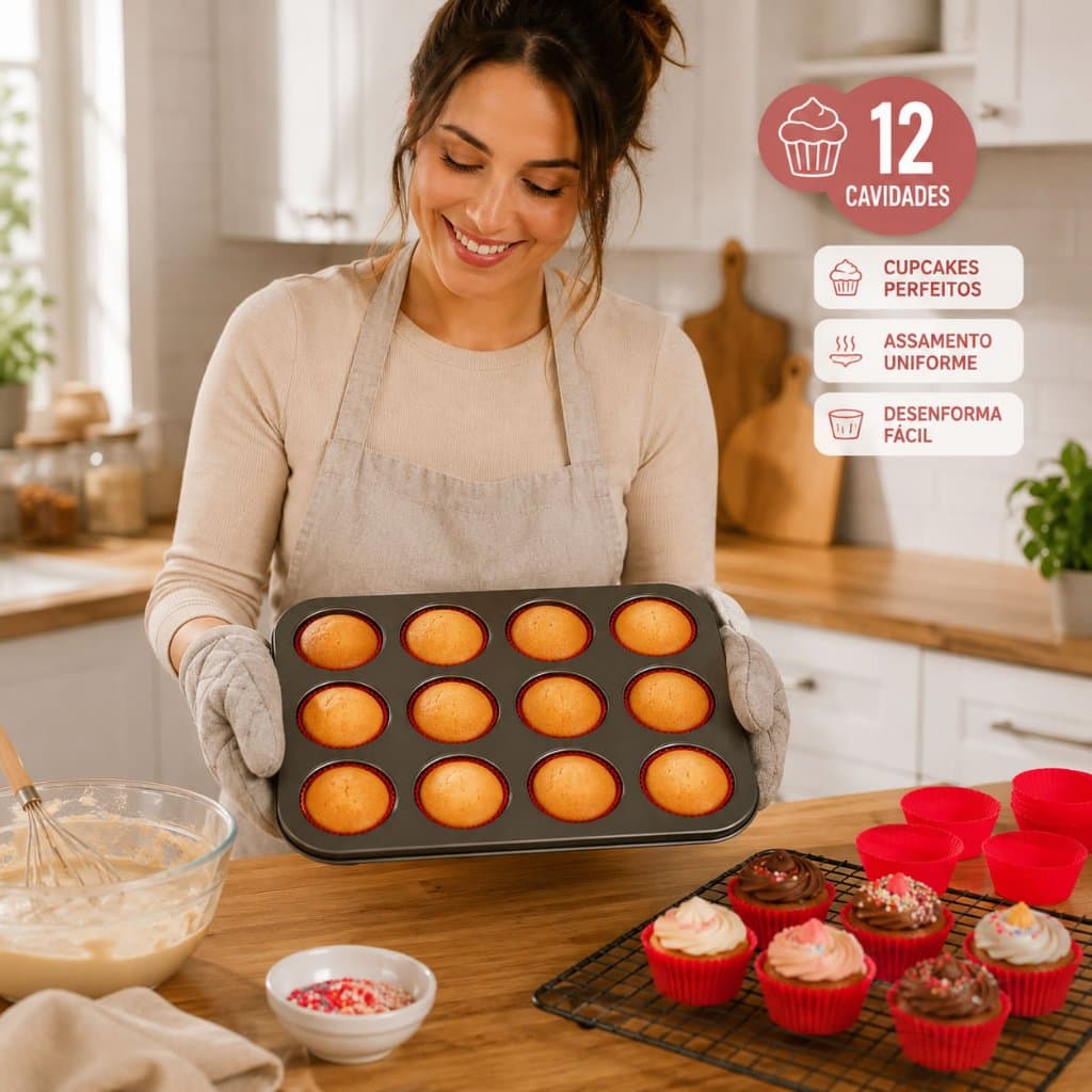 Forma para Cupcake 12 Cavidades Antiaderente + 12 Formas de Silicone