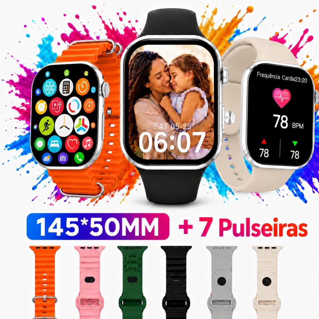 Smartwatch KW77 Max 49mm Tela HD + 7 Pulseiras + Fone Bluetooth Pro Chamada Bluetooth Monitor de Saúde À prova d'água