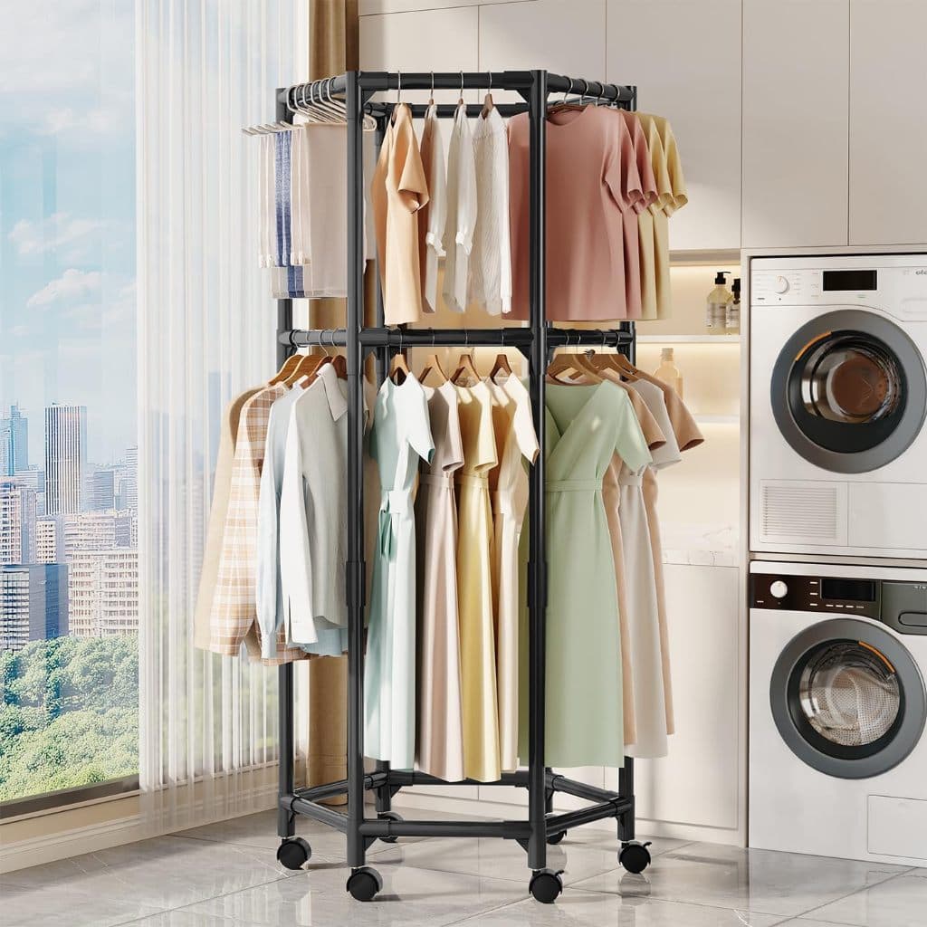 Arara Roupas 360° Giratória Tubo 16mm Reforçado Dupla Barra com Rodízios Móvel Organizador Quarto