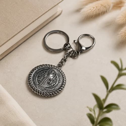 Chaveiro Metal Mosquetão Com Medalha de São Bento Corda