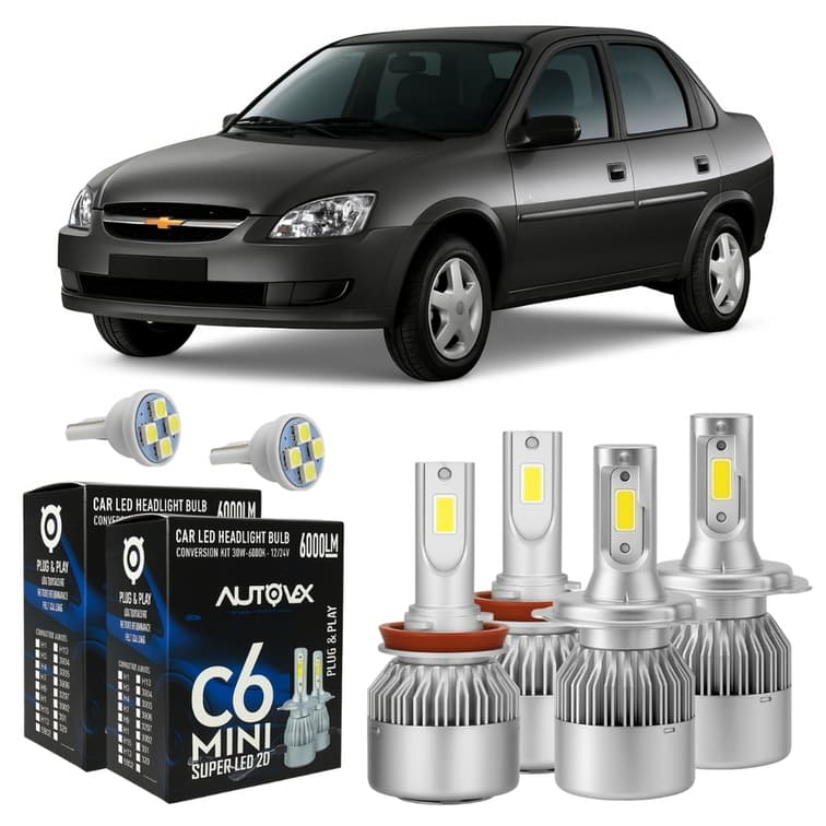 Kit Lâmpadas Top Super Led GM Classic 2002 A 2016 Farol Alto Baixo Milha 6000 Lm + Pingo T10 Meia Luz - Lâmpadas de Led