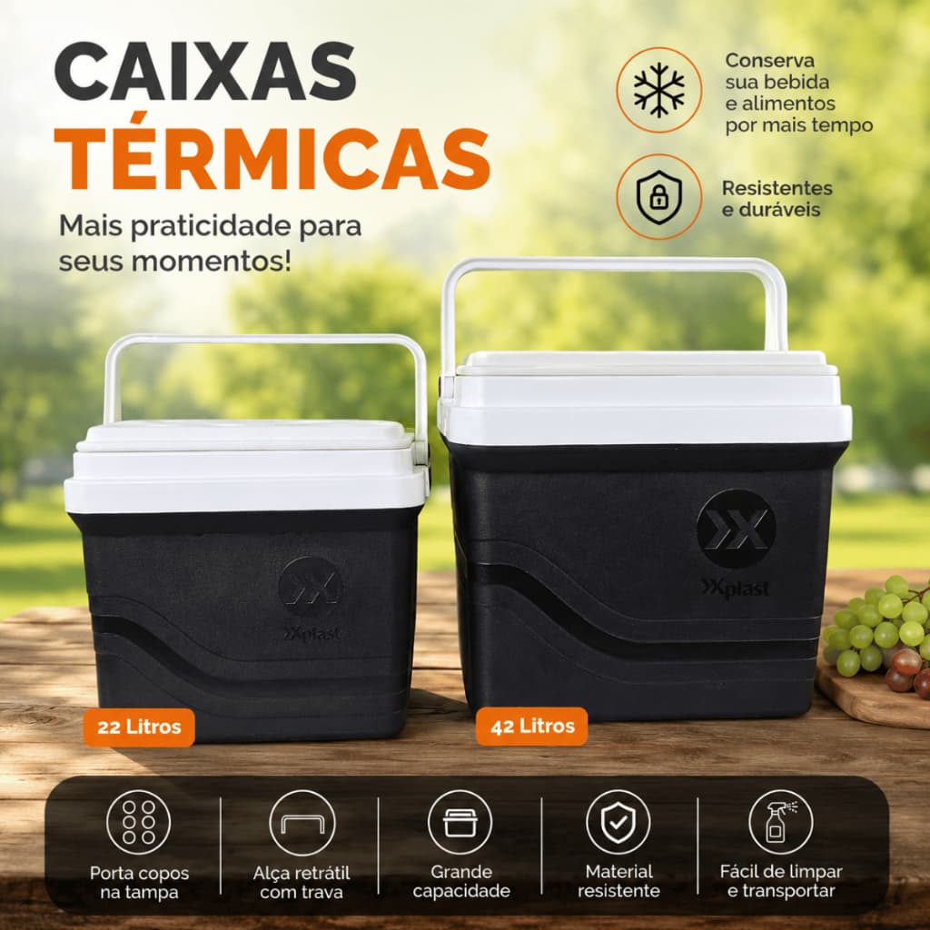 Caixa Térmica 42L 22L Cooler Viagem Praia Piscina Camping c/ Porta Copos Cabe até 60 Latas Promoção!