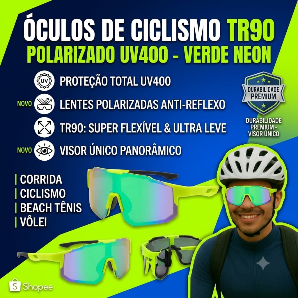 Óculos de Sol Ciclismo Polarizado UV400 Esportivo Visor Único Bike Corrida TR90 Verde Neon