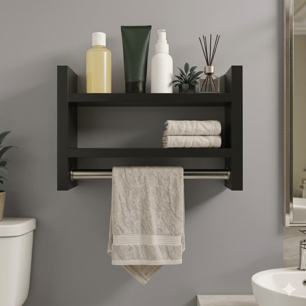 Nicho Banheiro Porta Toalha 30cm Prateleira Organizadora Tubo Metal | Preto Branco Amadeirado