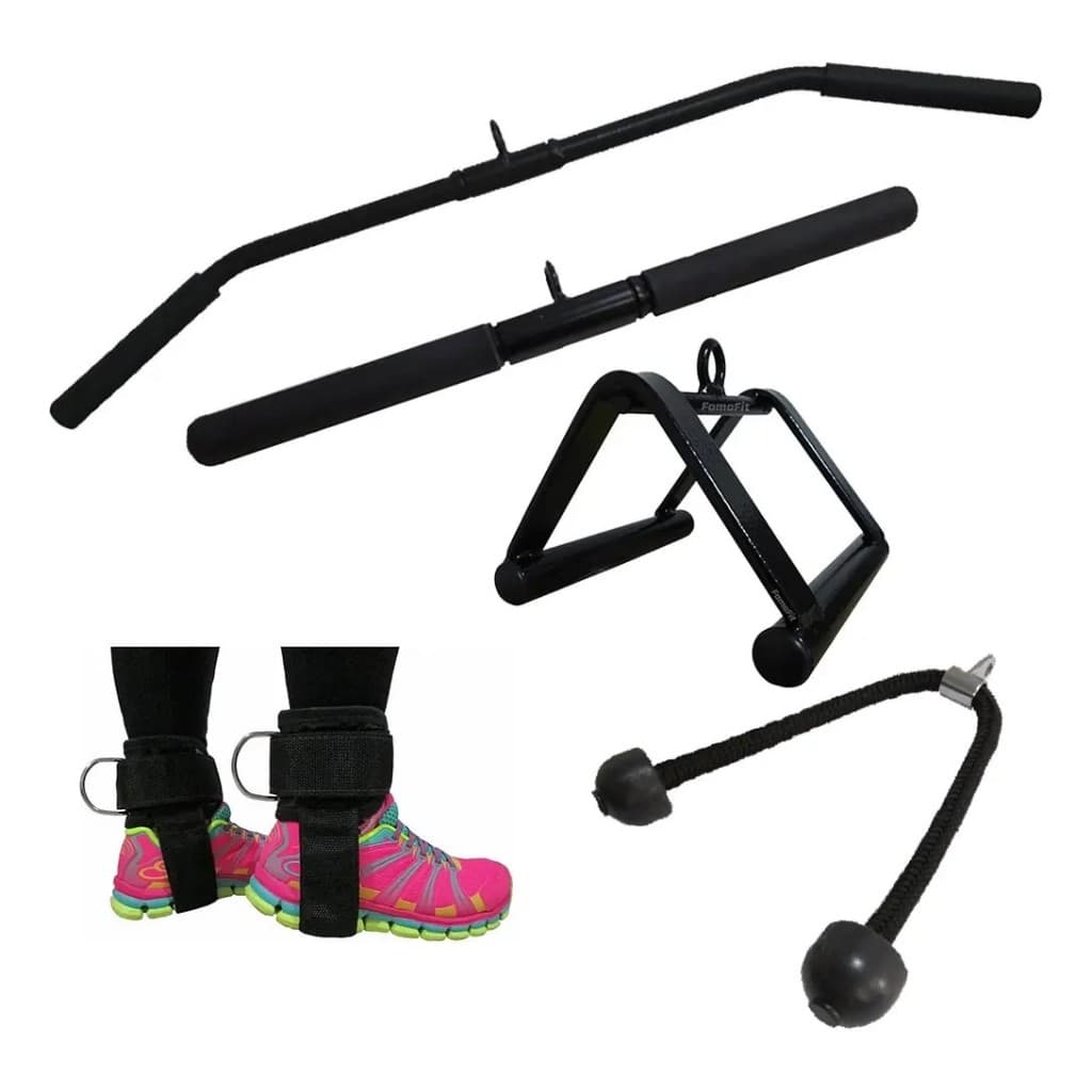 Kit 6 Barra Puxador Costas Reto Corda Triangulo Alça Polia Cor Preto