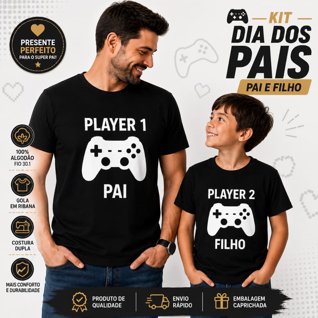 Kit Camiseta Pai e Filho Dia dos Pais Player 1 e 2 Presente Personalizado Criativo Gamer 100% Algodão