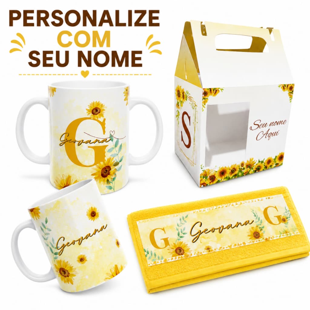 Kit Personalizado com Nome Caneca Caixinha e Toalhinha Girassol Presente