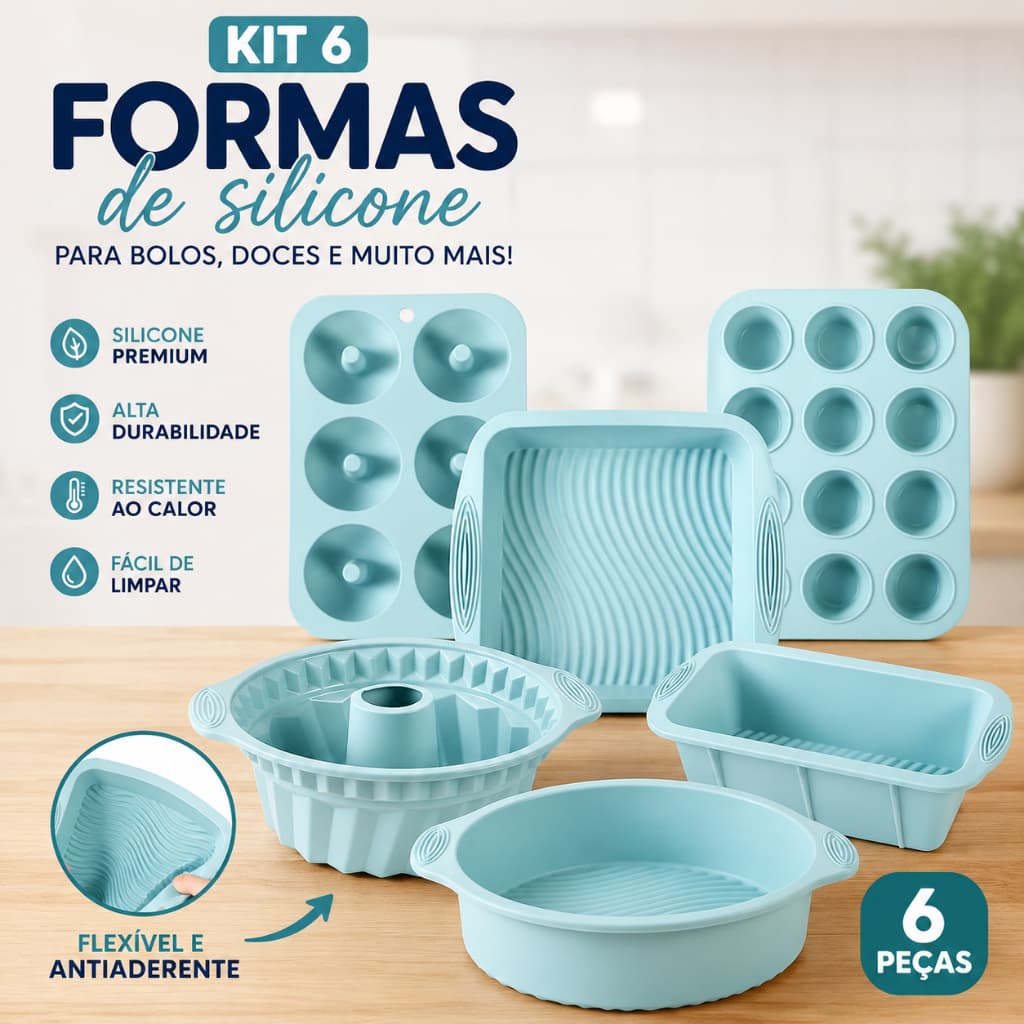 Kit 6 Formas Silicone Bolo Cupcake Donut Pão Antiaderente Forno